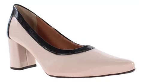 Scarpin Salto Baixo Nude Preto Verniz Er299 Parcelamento Sem Juros