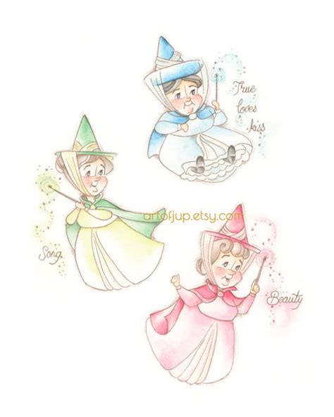 Sleeping Beauty Print Three Good Fairies Flora Fauna Merryweather