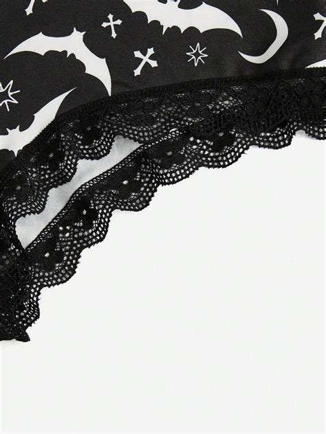 ROMWE Goth Contrast Lace Bat Print Lingerie Set SHEIN USA