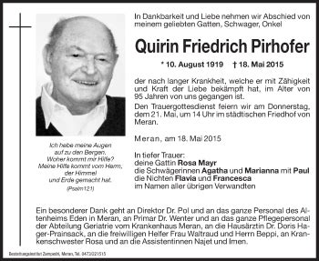 Traueranzeigen Von Quirin Friedrich Pirhofer Trauer Bz