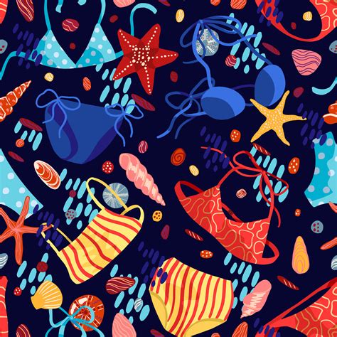 De las mujeres trajes de baño bikini estrellas de mar mano dibujado vector sin costura modelo