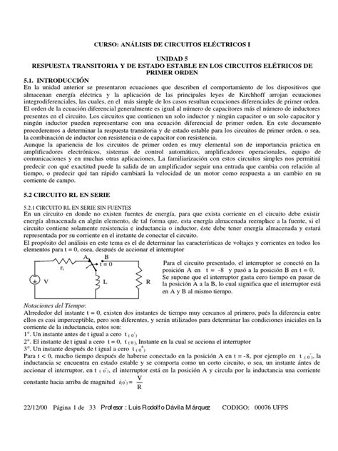 Respuesta Completa Del Circuito De Primer Orden Unidad 5 Pdf Inductor Ecuaciones Diferenciales