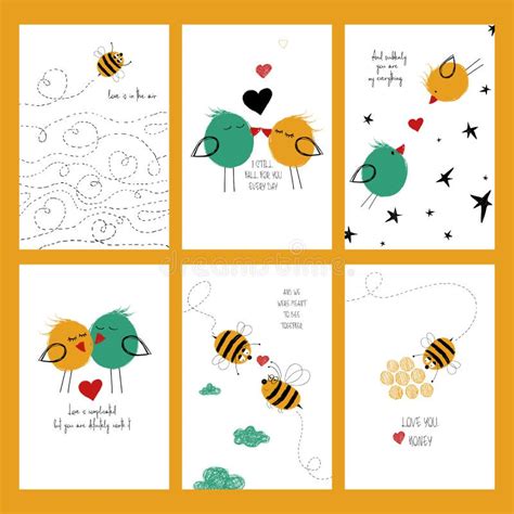 Sistema De Tarjetas Del Amor Con Las Abejas Y Los Pájaros Ilustración