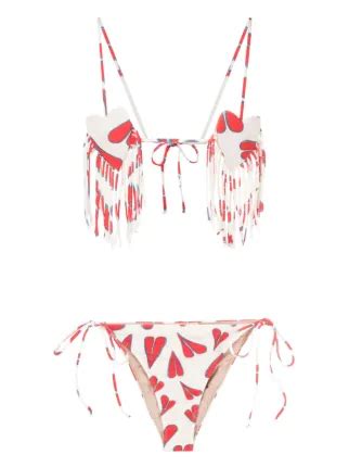 Adriana Degreas Heart Print Fringed Bikini White FARFETCH UK