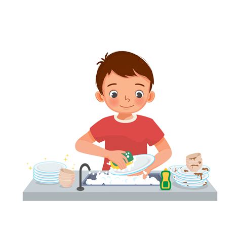 happy cute  boy washing dishes standing  sink   kitchen