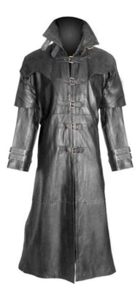 Mens Black Real Leather Trench Coat Goth Matrix Steampunk Gothic Van Helsing Coat Long Leather