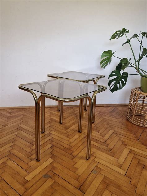 1 Of 2 Italian Vintage Nesting Coffee Tables Gold Metal And Smoked