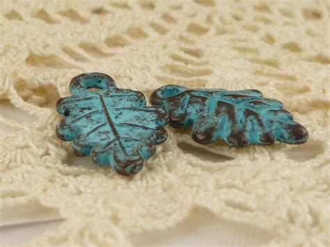 Patina Oak Leaf Charm Rustic Blue Leaf Charm Mykonos Casting Etsy