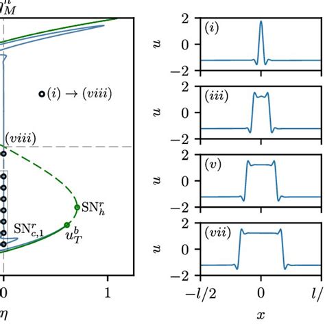 a Bifurcation diagram for ν 2 and µ 1 5 showing HSSs green and