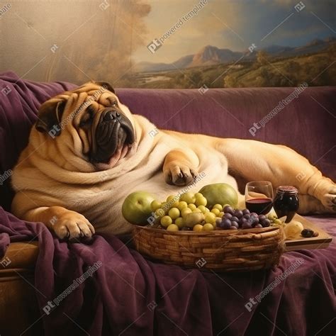 Photo Adorable Pudgy Puppy Relaxing on Couch Enjoying Hand-Fed Grapes