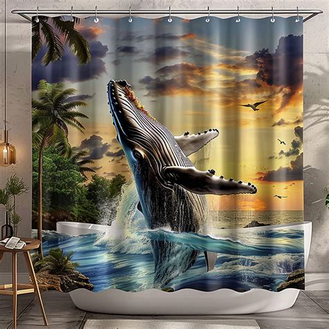 Hyper Realism Humpback Whale Sunset Shower Curtain Ocean Landscape With