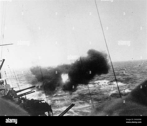 British battlecruiser HMS Norfolk exchanges artillery fire with German ...