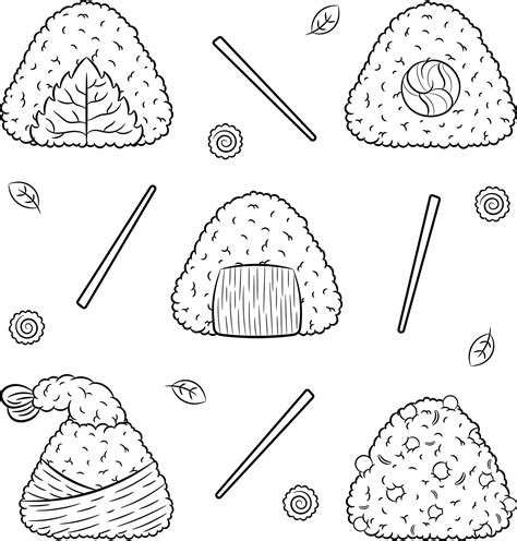 Set Of Japanese Onigiri Rice Cute Drawing Stickers Sketch For Coloring