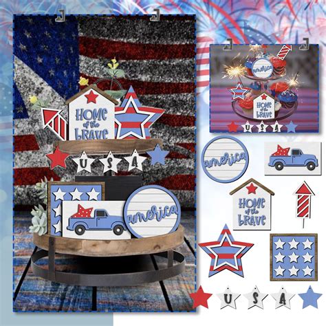 4th Of July Decorations Tiered Tray Decor Patriotic Wooden Signs
