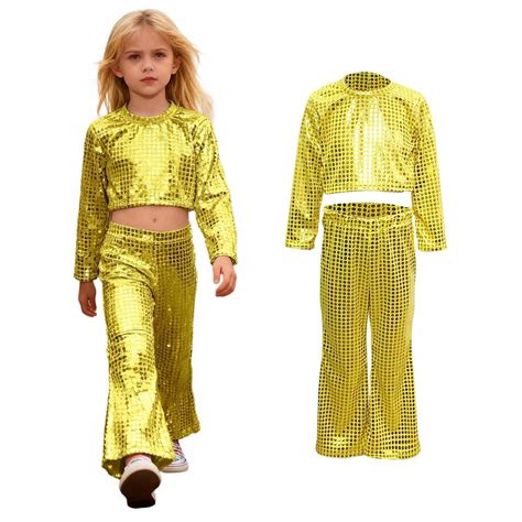 Boys Dance Sparkly Gold Dance Long Sleeve Crop Top and Flared Pants Set