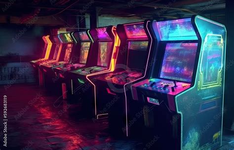 Old Vintage Arcade Video Games In An Empty Dark Gaming Room With Blue Light With Glowing