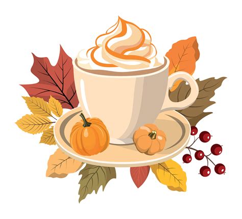 Autumn Hot Drink In A Mug With Cream Pumpkins And Forest Leaves Clipart Vector Illustration