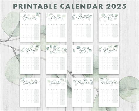 Printable Calendar Greenery Eucalyptus Monthly Calendar Etsy