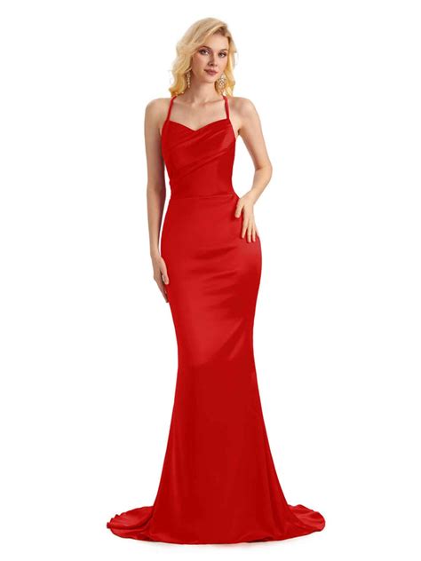 Sexy Criss Cross Mermaid Spaghetti Straps V Neck Long Satin Bridesmaid