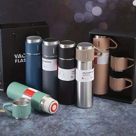 Stainless Steel Ml Vacuum Insulated Bottle Water Flask Gift Set With Two Cups Hot Cold At