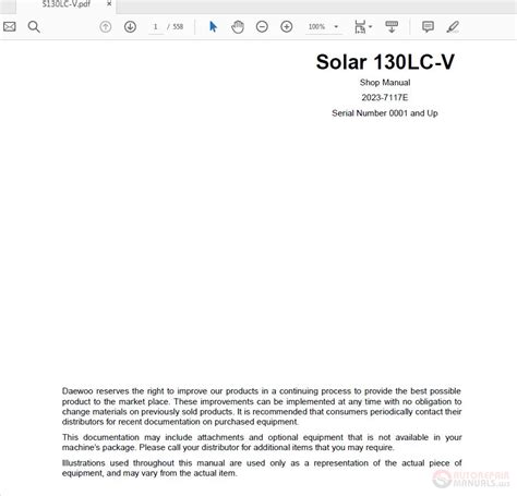 Daewoo Solar 130LC V Track Excavator Workshop Manual