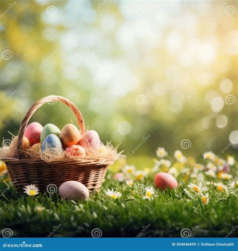 Easter Wicker Basket Colorful Painted Eggs In Green Grass Sunny Day