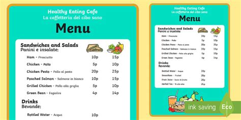 Healthy Eating Cafe Role Play Menu English Italian Healthy Eating