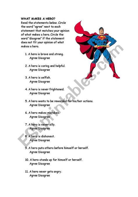 What Makes A Hero Esl Worksheet By Stephanie Hladowski