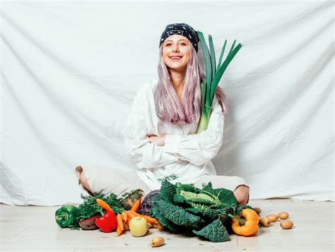 Beautiful Caucasian Vegan Woman With Vegetables Stock Photo Image Of