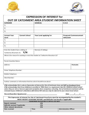 Fillable Online Expression Of Interest Out Of Catchment Students Fax