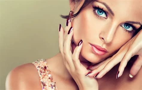 Wallpaper Look Girl Smile Earrings Makeup Blue Eyes Manicure For