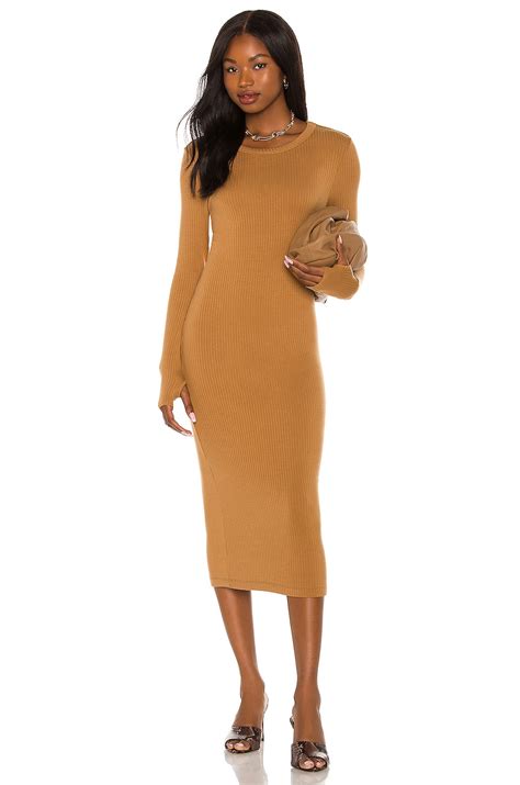 Enza Costa Cashmere Rib Long Sleeve Crew Midi Dress In Camel Revolve