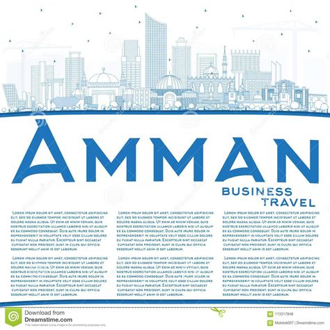 Outline Amman Jordan Skyline With Blue Buildings. Cartoon Vector ...