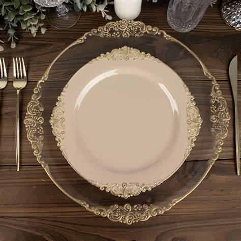 Efavormart 10 Pack Taupe Gold Baroque 10 Round Plastic Dinner Plates