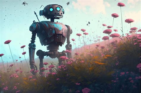 Premium Photo An Ancient Robot Standing In The Field Of Flowers