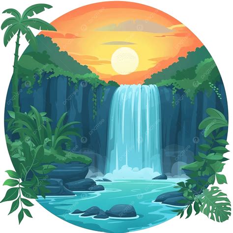Flat Beautiful Nature Waterfall At Sunset Illustration, Waterfall