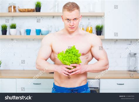Muscular Man Naked Torso Kitchen Salad Stock Photo Shutterstock