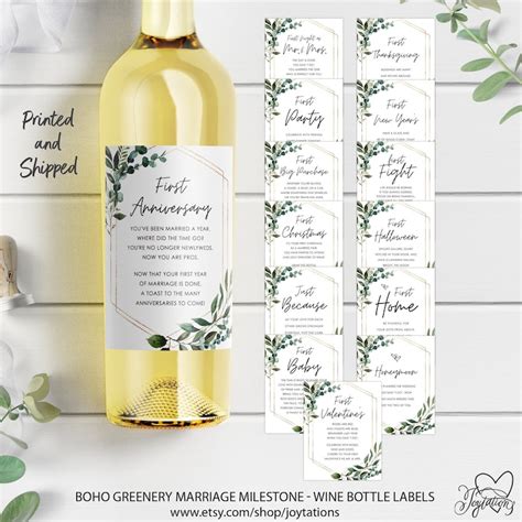 Boho Greenery Printed Marriage Milestone Wine Bottle Labels Etsy