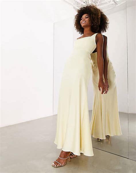 Asos Design Bridesmaid Satin Square Neck Maxi Dress In Lemon Asos