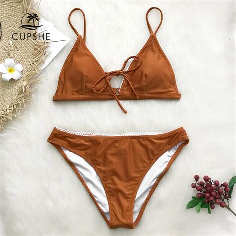 CUPSHE Caramel Solid Triangle Bikini Set Women Lace Trimming Backless