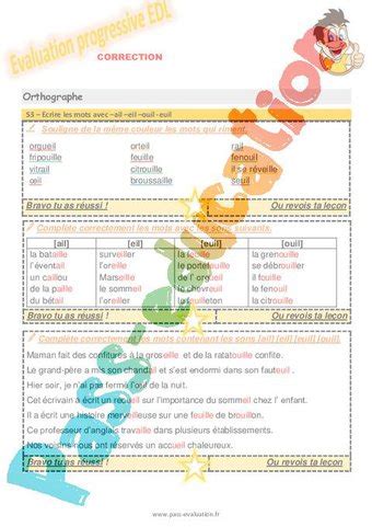 Ecrire Les Mots Avec Ail Eil Ouil Euil Au Cm Evaluation