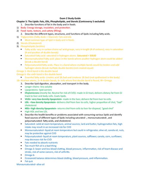 Ch 5 7 F19 Exam Notes Exam 2 Study Guide Chapter 5 The Lipids