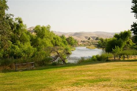 there is a bench on the grass by the river