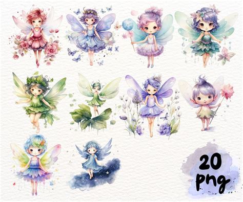 Watercolor Fairies Clipart Cute Cartoon Fairy Fantasy With Etsy