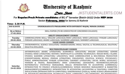 University Of Kashmir BG 3rd Semester Date Sheet 2024 Released