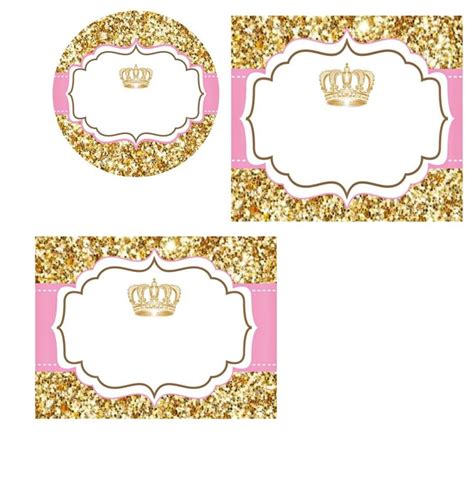 Two Pink And Gold Princess Party Place Cards With Crowns On Them One