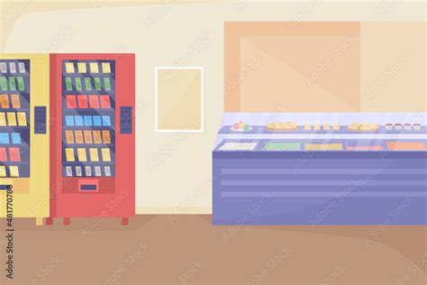 School cafeteria space flat color vector illustration. Lunch break in ...