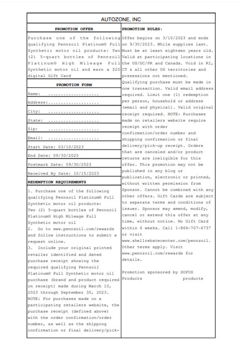 Pennzoil Rebate Form - Printable Rebate Form