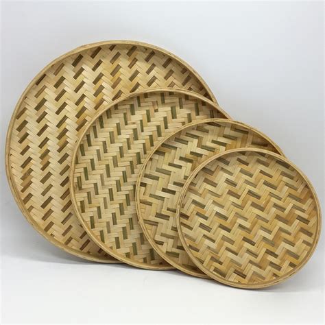 Happy Date 1 Pack Handmade Bamboo Woven Basket Tray Flat Wicker Round