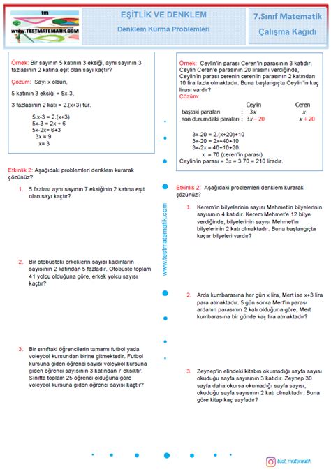 S N F Denklem Kurma Problemleri Al Ma Ka D Test Matematik